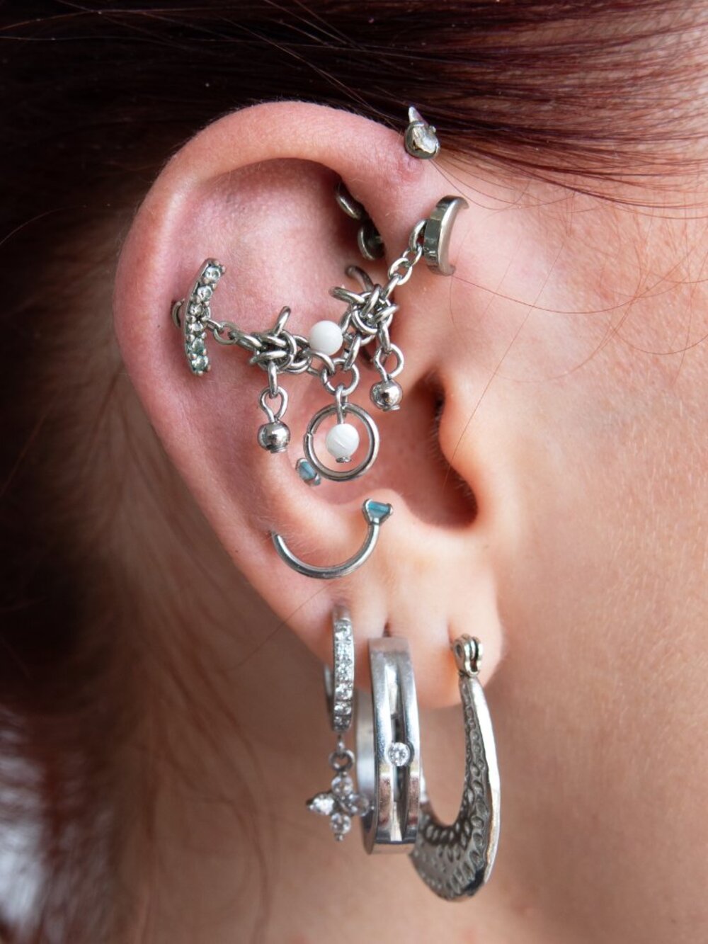 White pearl cartilage piercing chain attachment